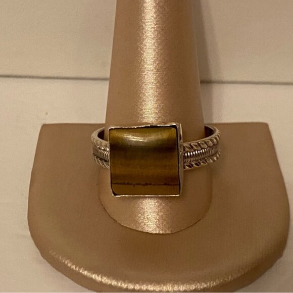 RING STERLING SILVER TIGER EYE STONE BROWN SQUARE CABLE SHANK SIZE 12 - Picture 1 of 9